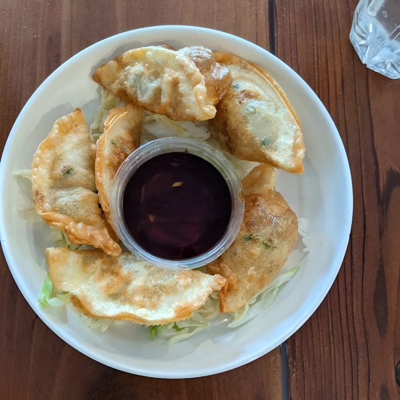A white plate of golden-brown fried vegetarian dumplings with a side of dark dipping sauce.